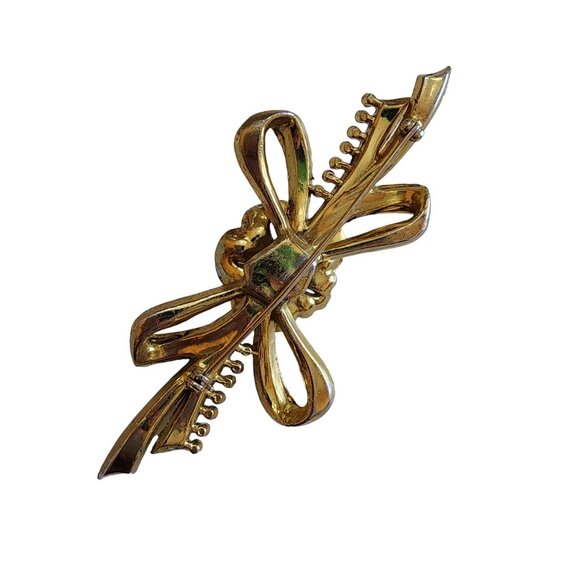 Antique Heavy Gold Plated 30's Rhinestone Bow Flower Brooch (A1802) - Picture 5 of 7